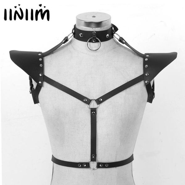 

womens fashion punk gothic pu leather halter neck adjustable body chest harness belt with shoulder armor cosplay club costumes, Black;brown