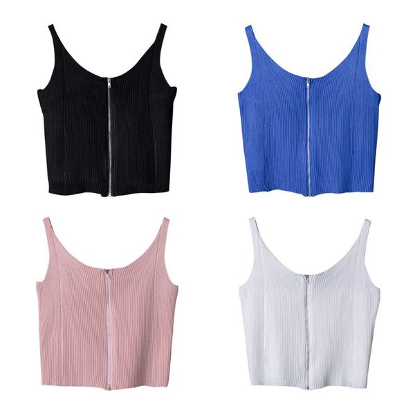 

women ribbed knitted tank crop scoop neck zipper front solid color bodycon camisole backless sleeveless basic, White