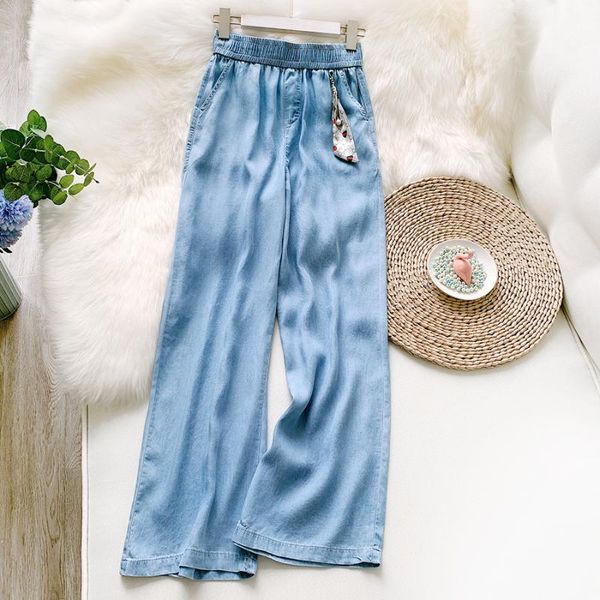 

women's jeans tencel high waist straight tube loose pendant summer thin wide leg pants ice silk 2021, Blue