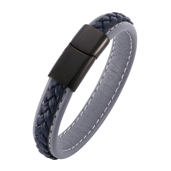 

trendy men punk jewelry gray & blue braided leather bracelet for mens bracelets stainless steel magnetic clasp wristband sp0011, Golden;silver