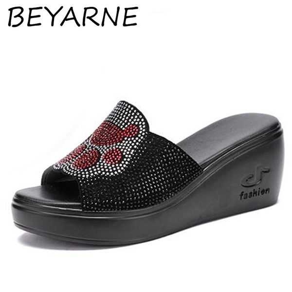 

beyarne new cowhide leather rhinestone summer shoes women comfortable wedge sandals women fashion slippers famous summerleather, Black
