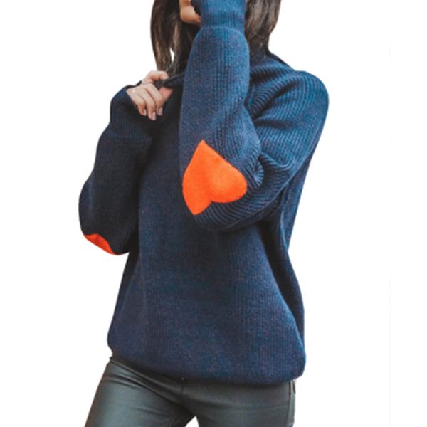 

chic autumn winter women's o-neck knitted sweater casual love heart patchwork solid warm loose casual pullover knitted sweater, White;black
