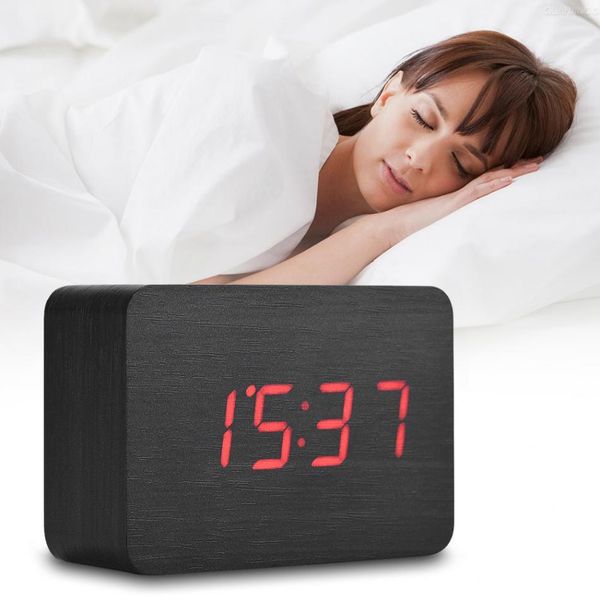

cgjxsdigital alarm clock speaker wooden temperature led display sounds control