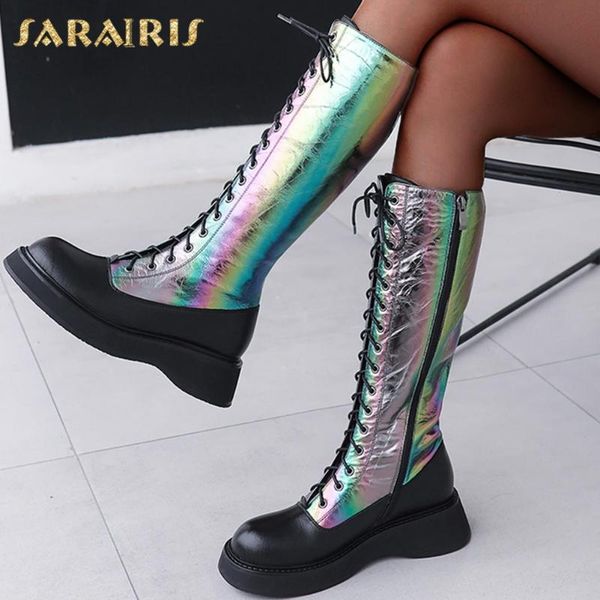 

sarairis 2020 fashion new sequined patchwork boots woman shoes comfortable platform zip up ins knee high boots, Black