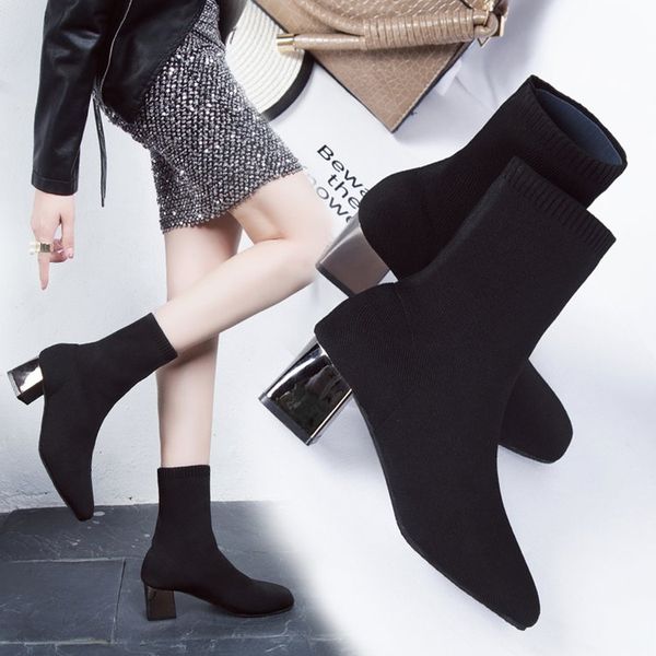 

small booties female winter 2020 new square heel knitted high heel boots female suede square head comfortable set of boots, Black