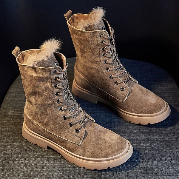 

genuine leather boots women winter shoes fashion 2020 mid calf platform women boots warm solid short plush shoes woman 39, Black