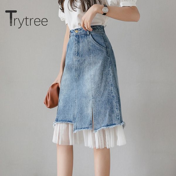 

trytree 2020 summer woman skirt casual patchwork mesh fashion button pockets high waist a-line all-purpose style cowboy skirt, Black