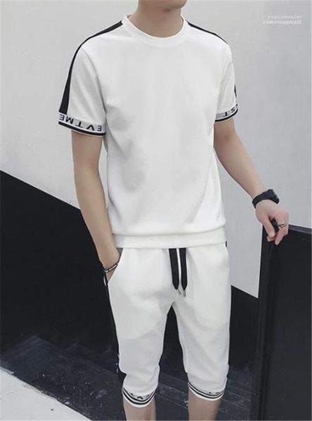 

mens 2pcs sportswear male apparel stripe print short sleeve designer mens tracksuits o neck slim vintage, Gray