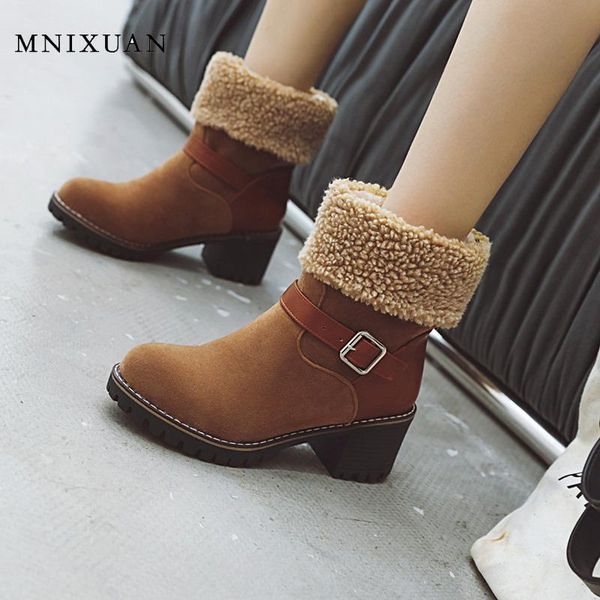 

mnixuan fashion ankle boots women 2020 new winter round toe block high heels slip on warm snow boots ladies black booties size42