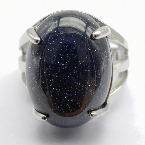 

blue sandstone stone oval bead gem finger ring jewelry for woman gift size 8 x263, Golden;silver