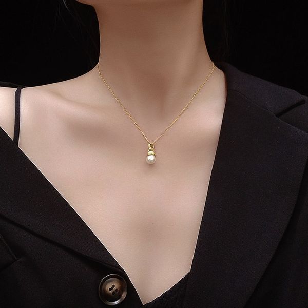 

gold plated stainless steel pendant necklace woman fashion jewelry, simple neck chains simulated pearl necklaces for women, Silver