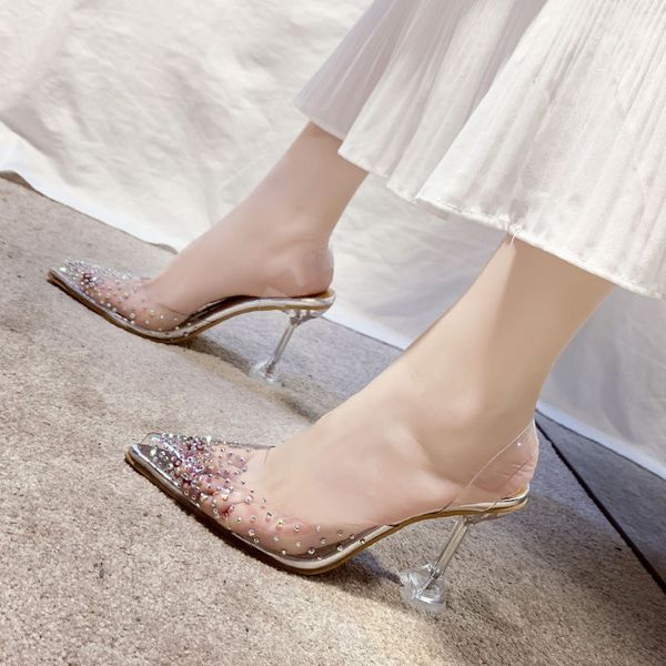 

large size summer woman's transparent sandals women elegant high heels 7-9cm bling crystal shoes ladies party dress shoes, Black