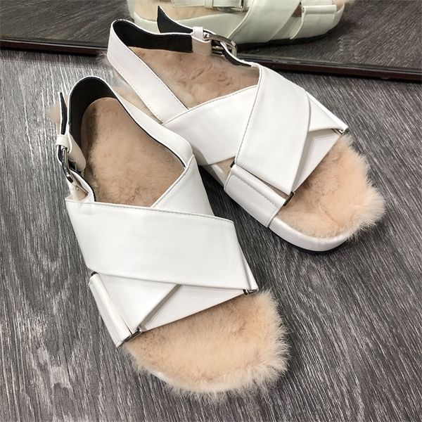 

yoloagain women real fur sandals ladies flat sandals casual shose 0925, Black