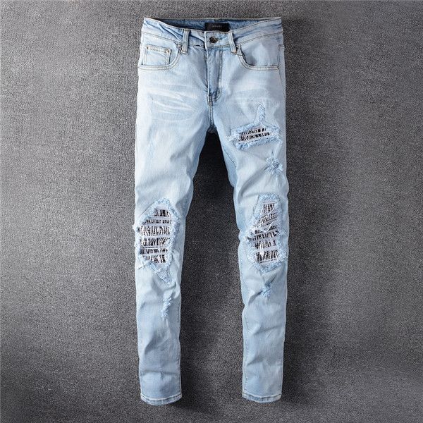 

20ss мужские джинсы slim fit рваные джинсы мужчин привет-стрит мужские проблемные denim отверстия промывают уничтожено стиль джинсы мода хип, Blue