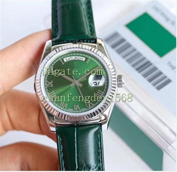 

automatic mechanical 36mm wristwatches 118135 118138 118139 316l eta 2836 movement fluted roman dial 18k white gold bezel leather strap, Slivery;brown