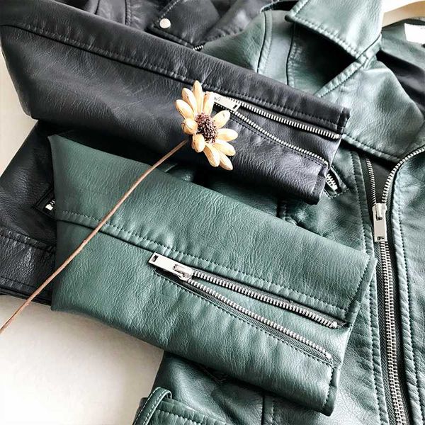 

green autumn 2020 spring short motorcycle pu long sleeve high end leather women biker jacket coat, Black