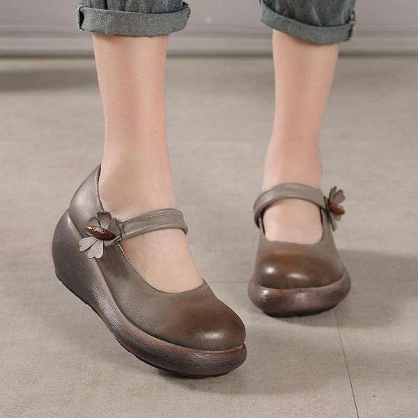 

yourseason women 2020 vintage high heels pumps round toe casual platform ladies genuine leather wedges buckle strap shoes, Black