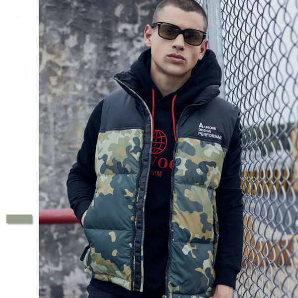 Imprimir coletes masculinos Europa stand colarinho camuflagem inverno novo casual down algodão de alta qualidade colete parka warm sem mangas weistcoat