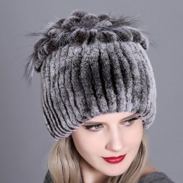 

popular rex hair knitting women's real fur hat warm and thick autumn and winter warm women's colorful knitting hat, Blue;gray
