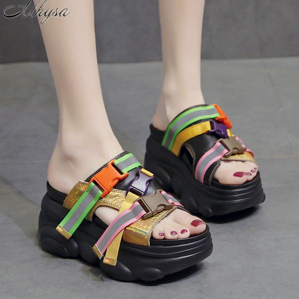 

2020 new with buckle flip flops women sandals fashion 9cm wedge platform shoes women open toe flat shoes beach slippers d1095, Black