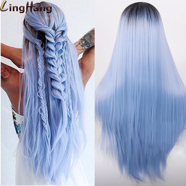 

linghang ombre blue straight long synthetic wigs for women black pink wigs 24 inch 11 color can be cosplay wigs