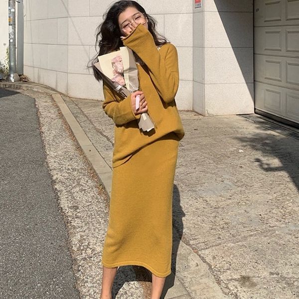 

women's tracksuits autumn 2 piece set women casual knitted v-neck long-sleeved loose sweater + high waist long skirt female elegant su, Gray