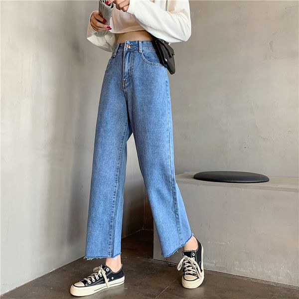 

women autumn loose vintage straight korean fashion high waist jeans trousers solid slim streetwear womens soft, Blue