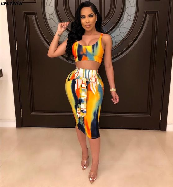 

2019 women new summer tie dye print night club party two piece set bodycon dress tank midi tie up skirt, Gray