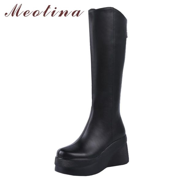 

meotina winter knee high boots женщины природные натуральная кожа платформа клин пятки длинные сапоги zip супер туфли на высоких каблуках la, Black