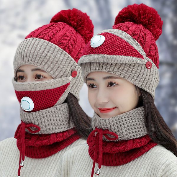 

autumn and winter woolen cap set womens warm velvet knitted woolen cap scarf two-piece woolen cap, Blue;gray