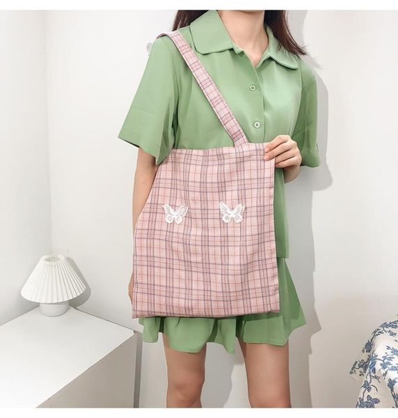 

vintage plaid butterfly women handbags forgirls ladies shopping shoulder bags girls canvas travel casual tote shoulder bags