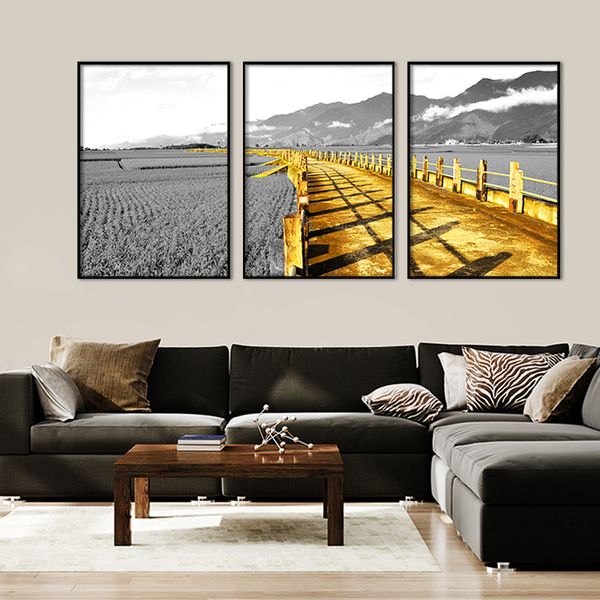 

black white landscape canvas posters painting and prints misty mountains golden road picture for wall art living room home decor