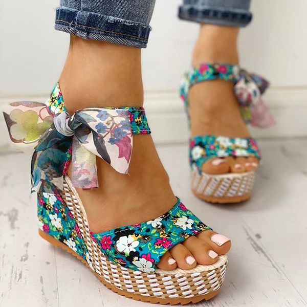 

dropshipping wedge sandals women summer female floral bowknot platform high heel bohemian ankle strap open toe ladies shoes, Black
