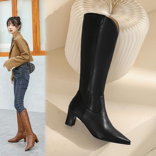 

yqbtdl womens winter fashion 2020 pointed toe high heels western mid long cowgirl cowboy boots for women brown black shoes 34-43