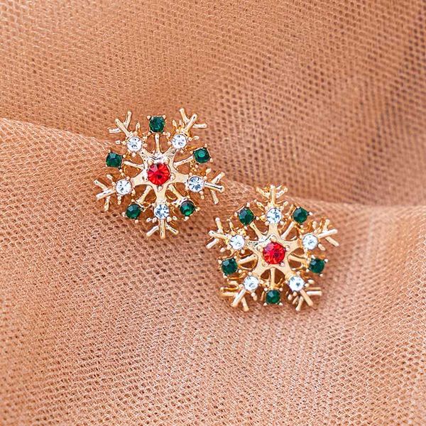 

cute gold color snowflake stud earrings with red green clear crystal fashion casual jewelry christmas birthday gift accessories, Golden;silver