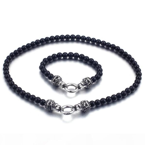 

fashion male black beads sets stainless steel punk skull clasp beaded chocker necklace bracelet jewelry sets for cool men, Silver