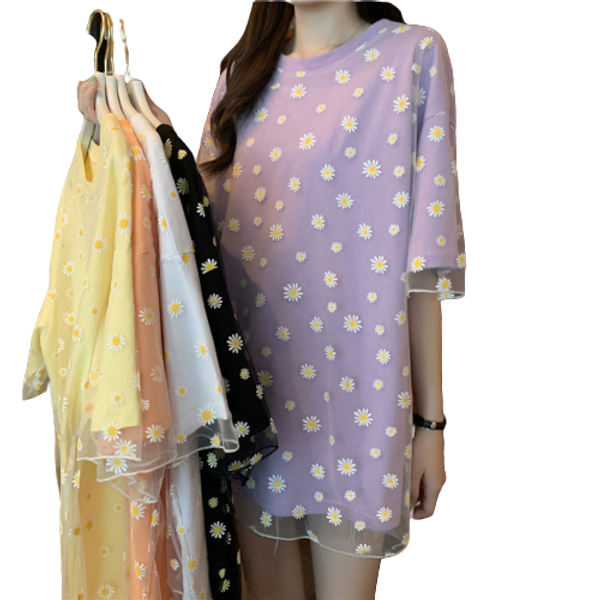 

women o-neck short sleeve 2-layer daisies t-shirts girls casual floral loose tshirt tees dx7565, White