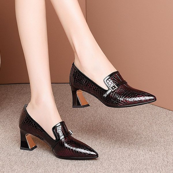 

2020 new chunky pointed toe deep-mouth thin shoes women's leather plus-sized comfortable party office high heels high (5cm-8cm, Black