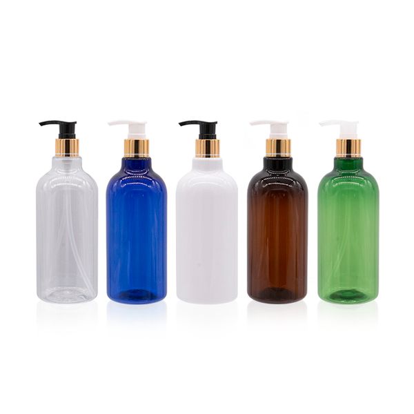 

empty plastic lotion pump bottles with gold aluminum collars 500ml big shampoo bottle shower gel containers travel packaging