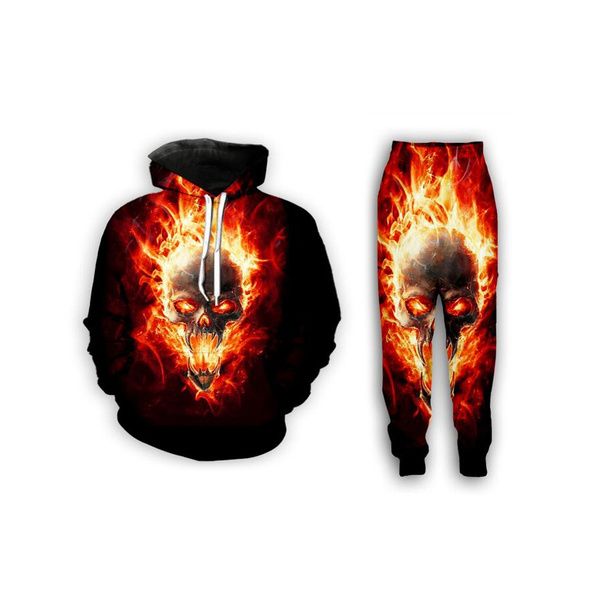 

новая мода мужчин / женщин огонь черепа смешные 3d повседневный печати толстовки толстовка + штаны zx33, Gray