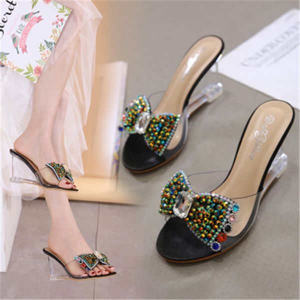 

transparent women shoes diamond bowknot slippers clear high heeled 8 cm crystal women mules pvc jelly shoes clear open toe, Black