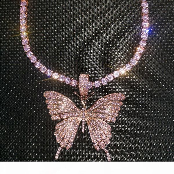 

iced out pink butterfly necklace pendant with tennis chain micro paved cubic zircon mens hip hop jewelry gift, Silver