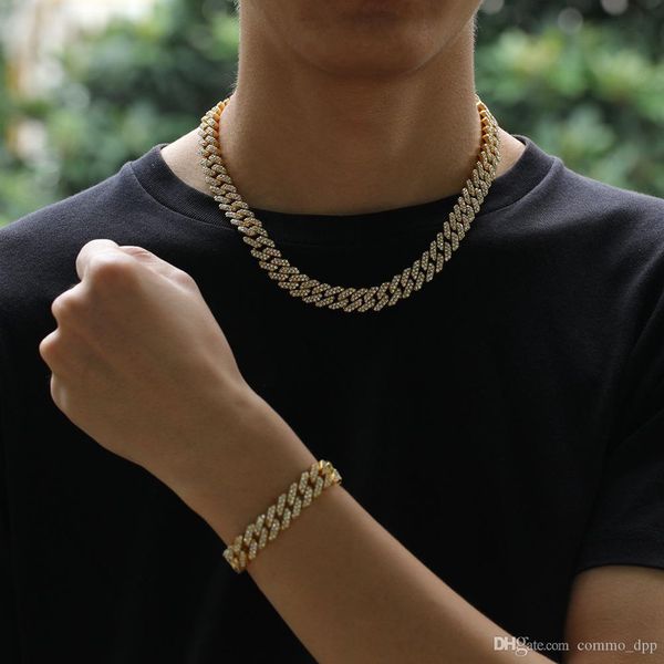 

12mm miami cuban link chain necklace bracelets set for mens bling hip hop iced out diamond gold silver rapper chains women luxury jewelry