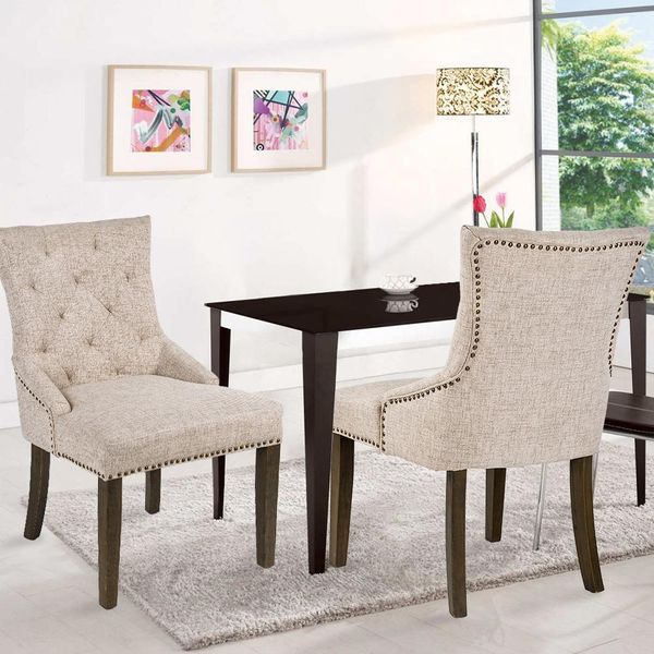 

us stock 3-5 days delivered dining chair leisure padded chair with armrest nailed trim beige set of 2 wf010762aaa