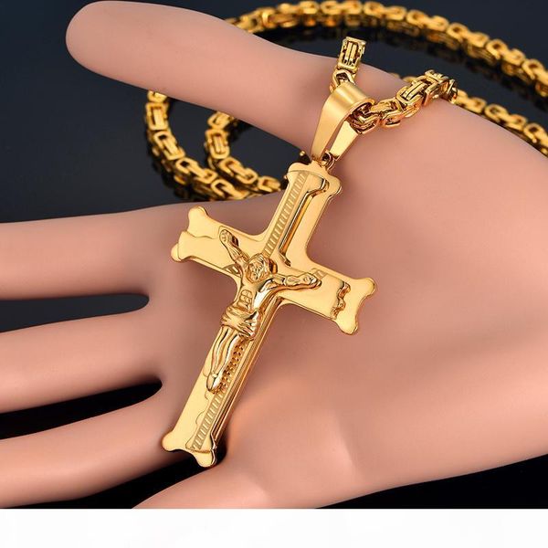 

stainless steel big 2018 christ jesus cross necklace gold color men's crucifix necklaces pendants male christian jewelry for men, Silver