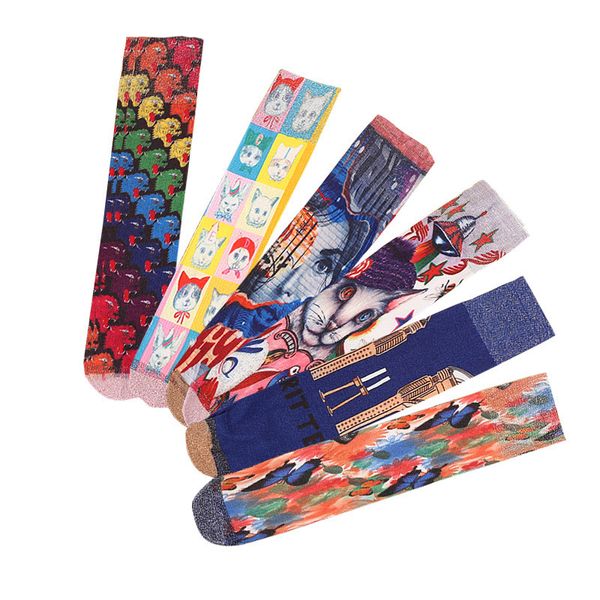 

tide women silk stocking printed designer socks brand hosiery soft breathable socks girl personality socks wholesale, Black;white