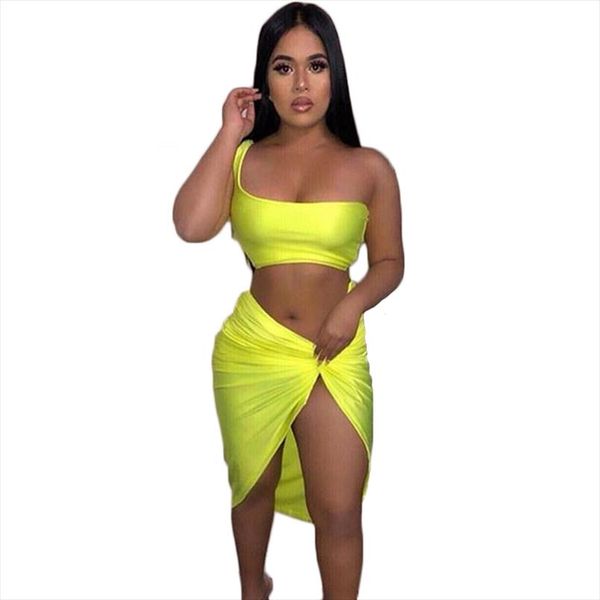 

women two piece set pure color club clothes summer crop knotted irregular skirts one shoulder arrival outfit high split, Gray