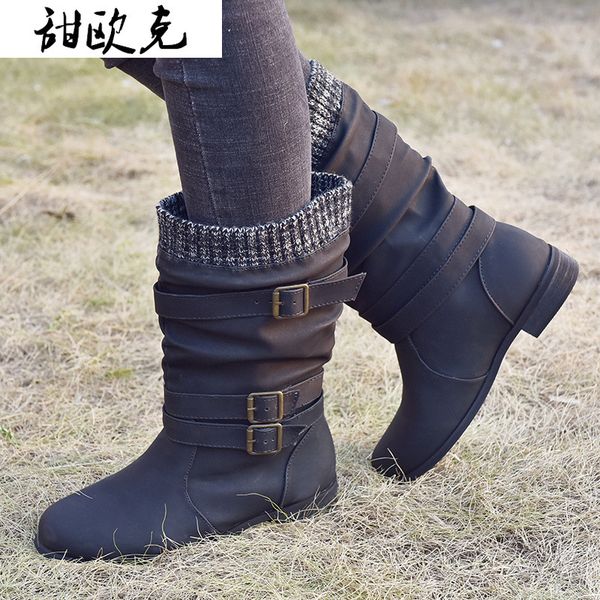 

2020 winter women's boots fashion buckle square-heel mid-calf women's boots pointed thick heel belt buckle zapatos mujer, Black