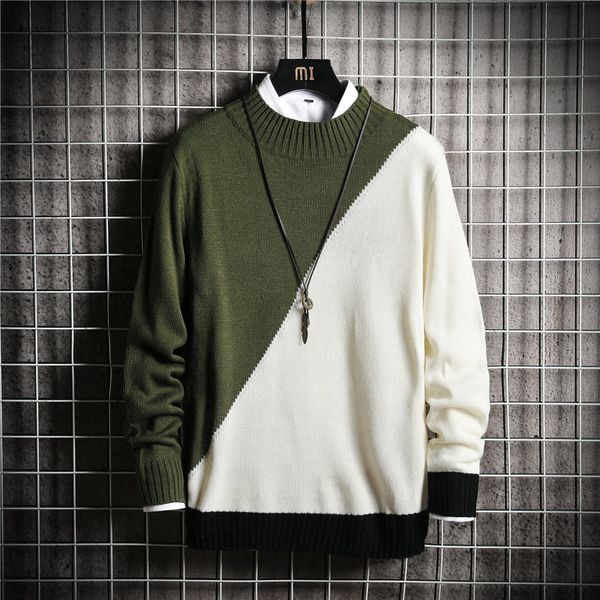 

2021 men's round neck pullover youth dual-color patchwork new style long sleeve bottoming loose sweater fashion, White;black