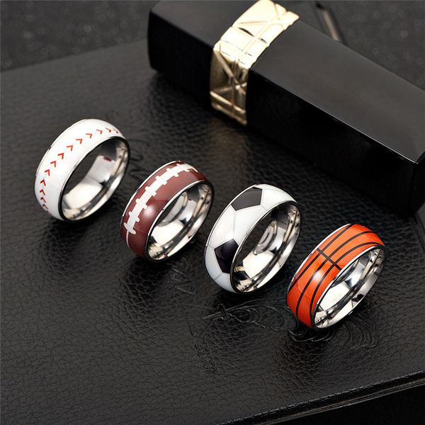 

2021 new fashion men rings football basketball stainless steel finger rings baseball ring jewelry size 6-13 ring gift, Golden;silver